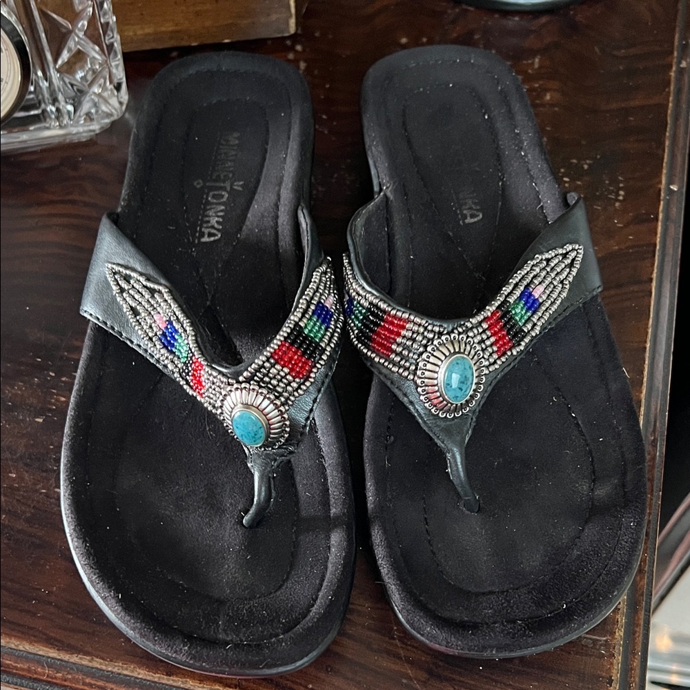 Minnetonka Black Beaded Leather Sandals